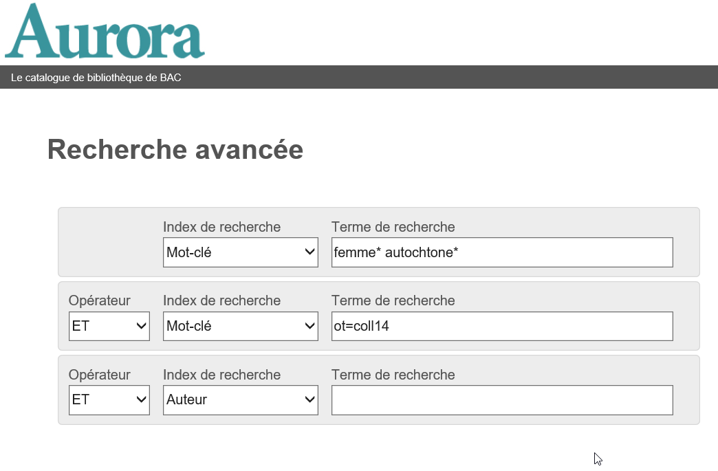 La page Recherche avancée affichant de multiples champs de recherche par mot-clé. Le deuxième champ contient le texte « ot=coll14