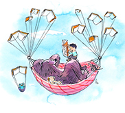 Illustration couleur d'un garçon faisant la lecture à un ours et à un bébé; ceux-ci sont allongés dans un hamac suspendu à des livres volants.