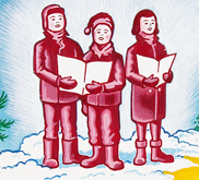 Image en couleur montrant trois enfants vêtus de linge d'hiver qui tiennent des partitions dans leurs mains et chantent. 