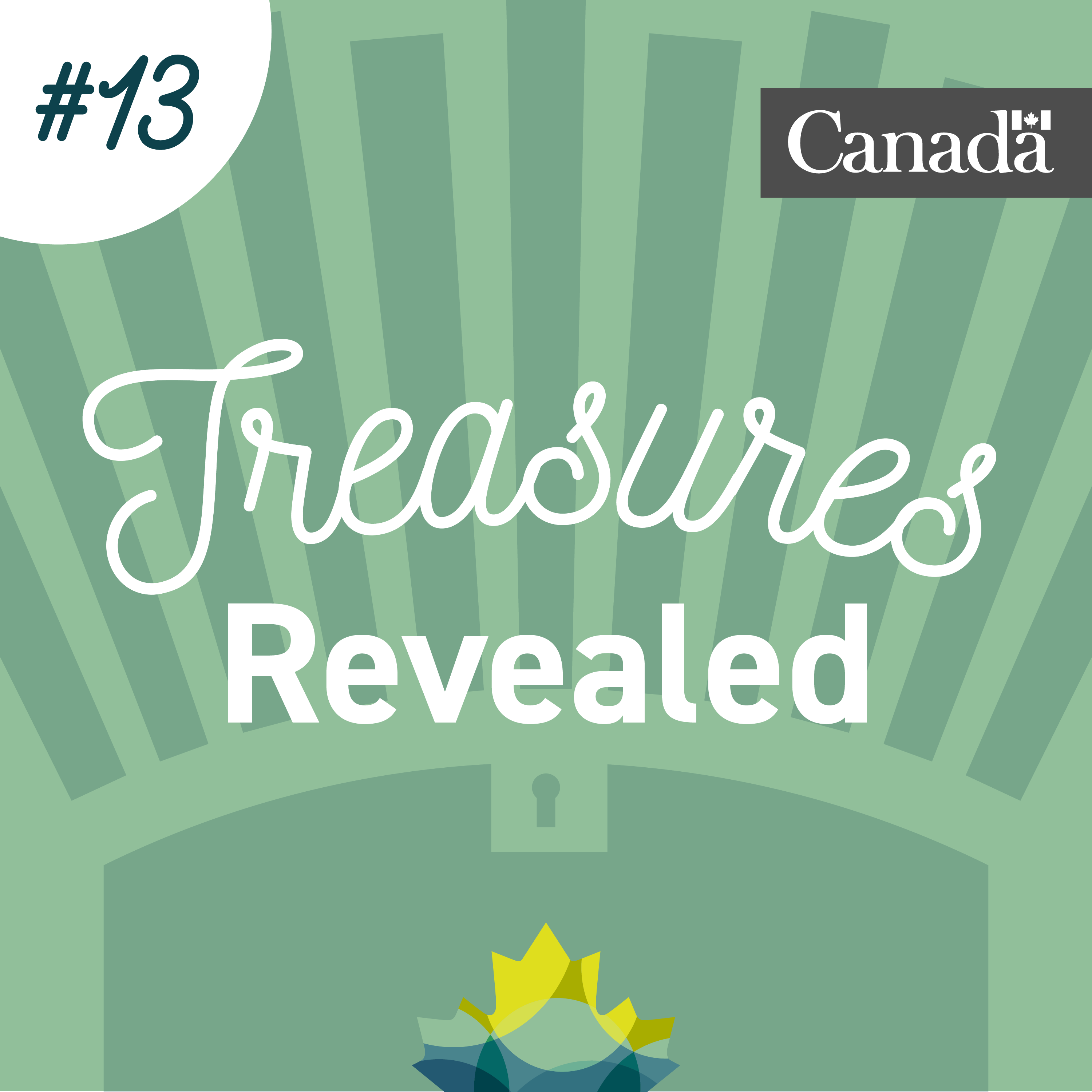 Coffre au trésor stylisé de couleur verte dans lequel se trouve la feuille d’érable de Bibliothèque et Archives Canada. Des rayons sortent du coffre. L’image porte le numéro 13.