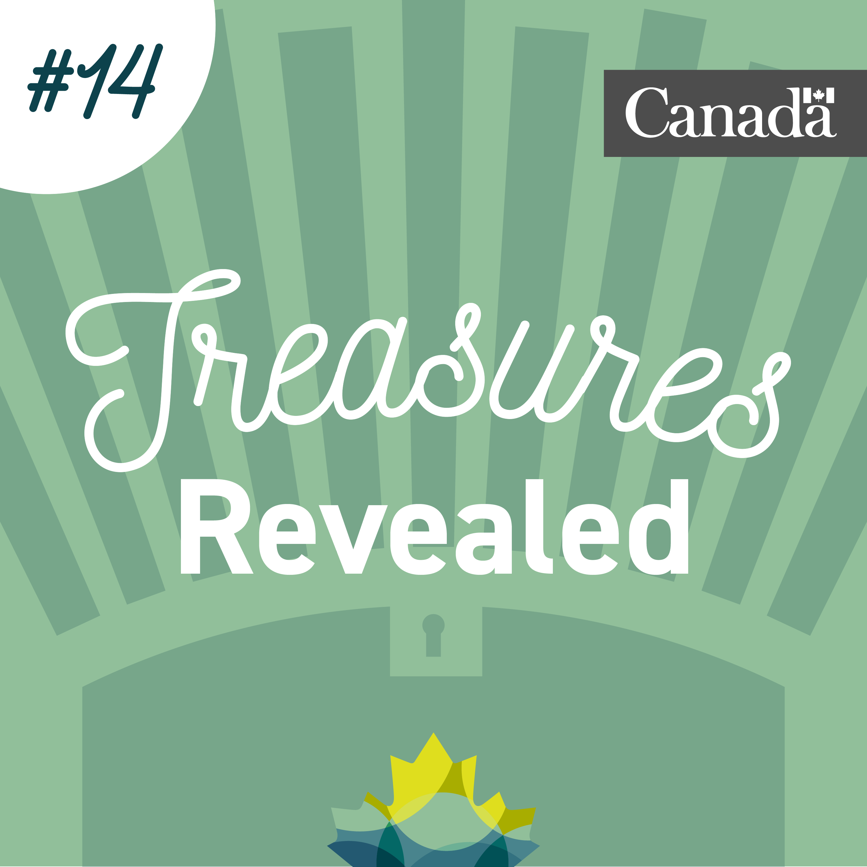Coffre au trésor stylisé de couleur verte dans lequel se trouve la feuille d’érable de Bibliothèque et Archives Canada. Des rayons sortent du coffre. L’image porte le numéro 14.