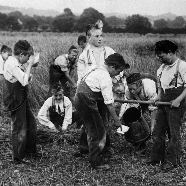 Groupe de garçons travaillant dans un champ à la ferme école de la Philanthropic Society 