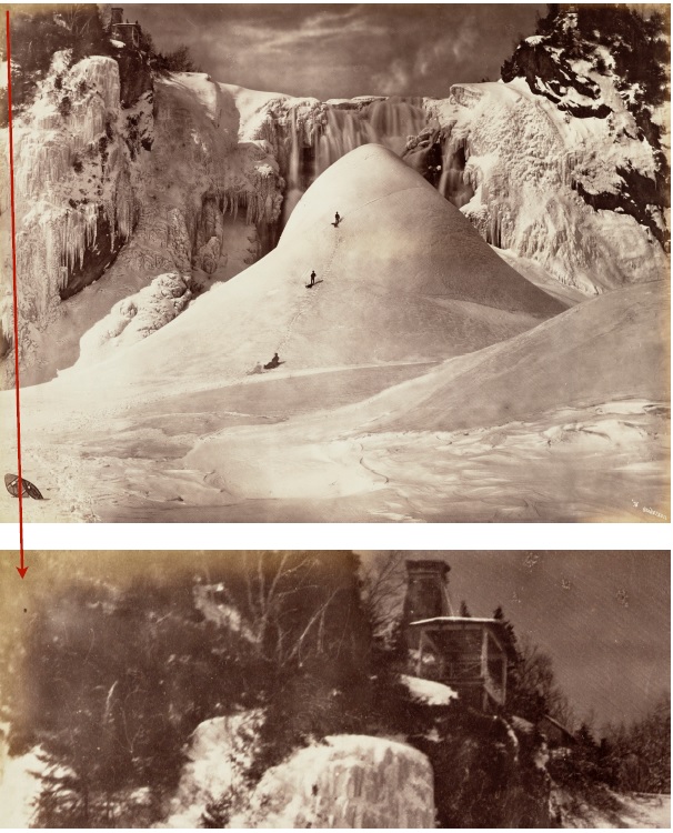 Photographie d'une colline enneigée où se trouvent trois personnes en raquettes. Les bordures ont jauni. Gros plan d'un jaunissement le long des bords.