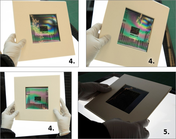 mains gantées manipulant la visionneuse polarisante avec négatif à l'intérieur montrant un reflet noir ou d'arc-en-ciel tel que décrit dans les étapes 4 et 5