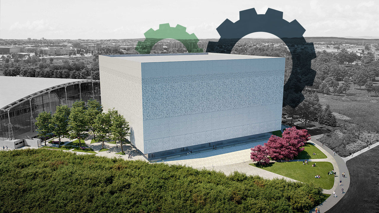 Rendu architectural de notre nouvel Édifice d'entreposage et de préservation situé derrière notre Centre de préservation actuel à Gatineau, au Québec
